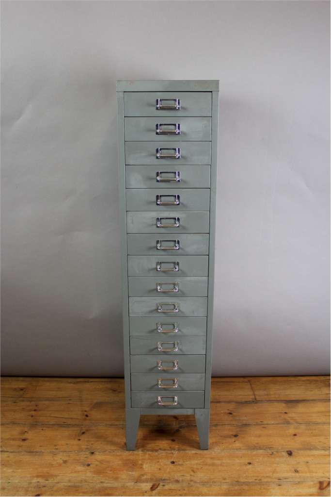 Vintage 15 drawer metal filing with chrome index handles
