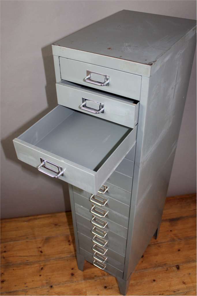 Vintage 15 drawer metal filing with chrome index handles