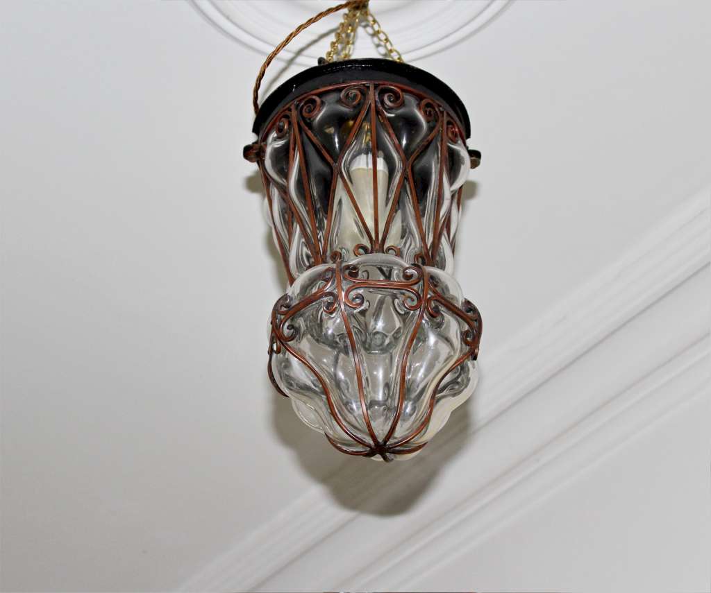 Copper lantern with clear blown glass c1950