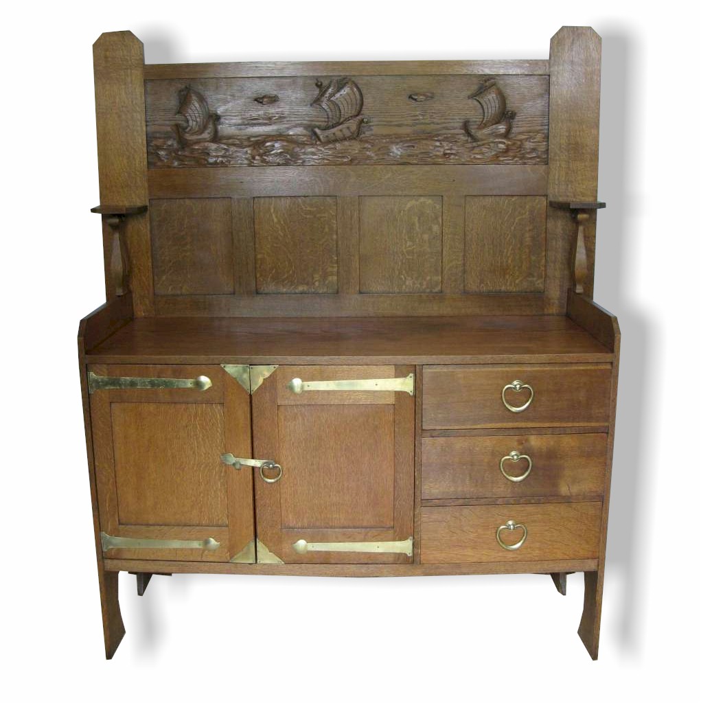 Scottish Arts and Crafts dresser with well carved galleons