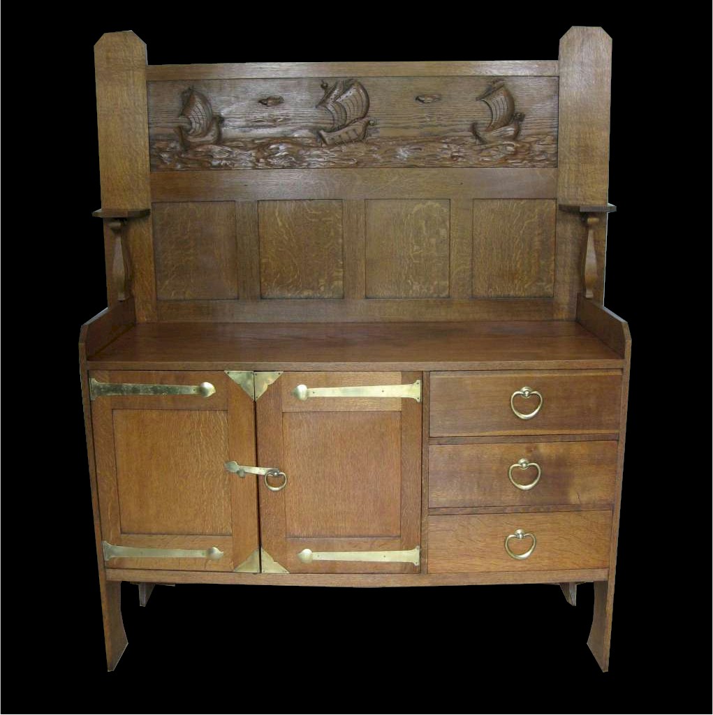 Scottish Arts and Crafts dresser with well carved galleons