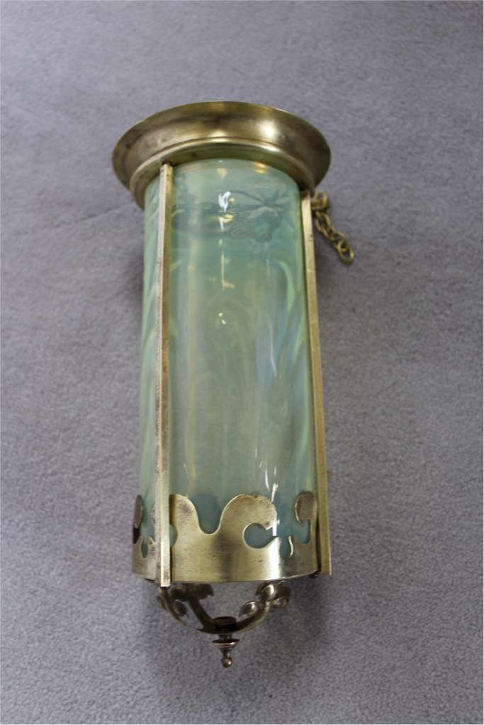 Pretty Arts and crafts hanging lantern with vaseline shade