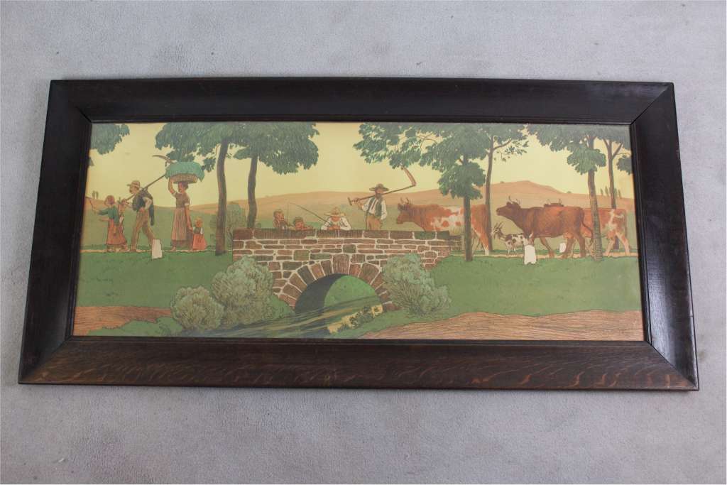 Arts and Crafts large oak framed nursery lithograph of country folk by R.V.Volkmann