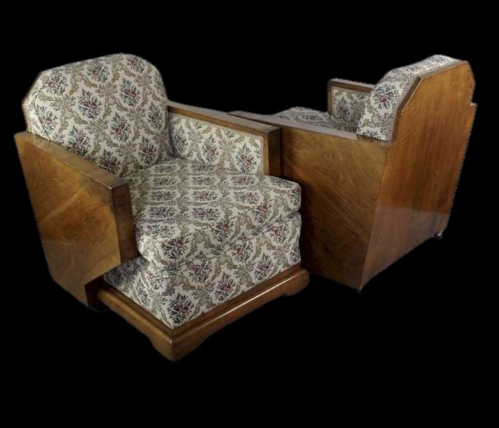 Art Deco walnut wood back 3 piece lounge suite
