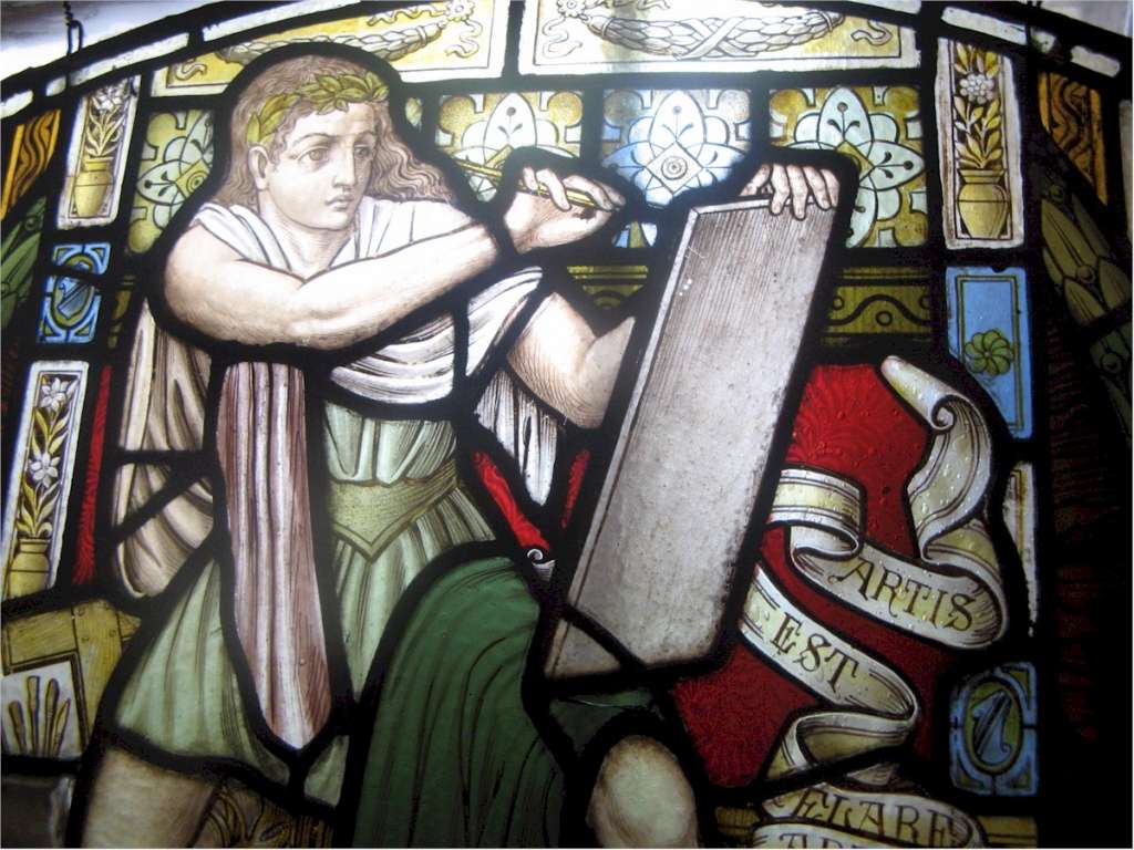 Victorian pre-raphaelite stained glass of a scribe