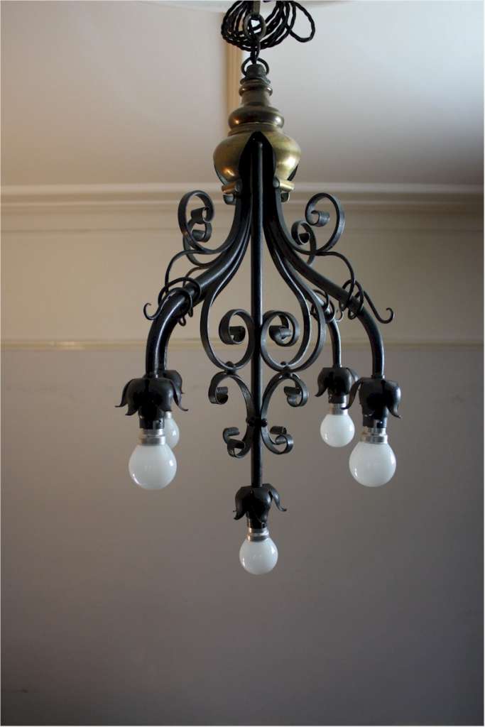 Arts and Crafts five branch hanging lamp made from iron and brass