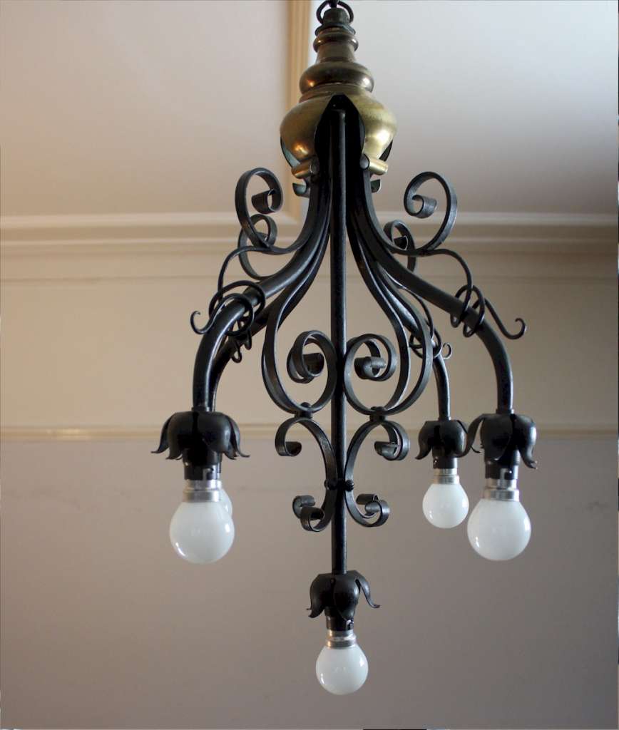 Arts and Crafts five branch hanging lamp made from iron and brass
