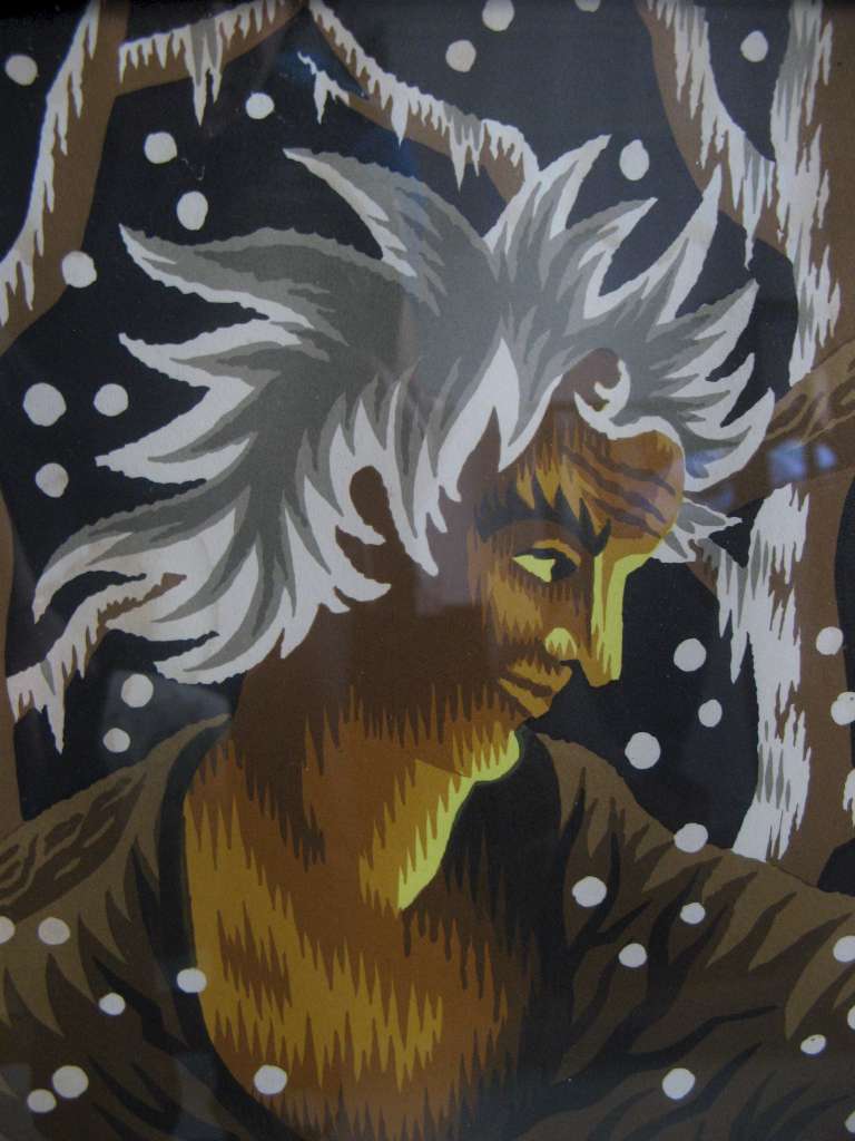 Striking print of a woodman in winter forest .
