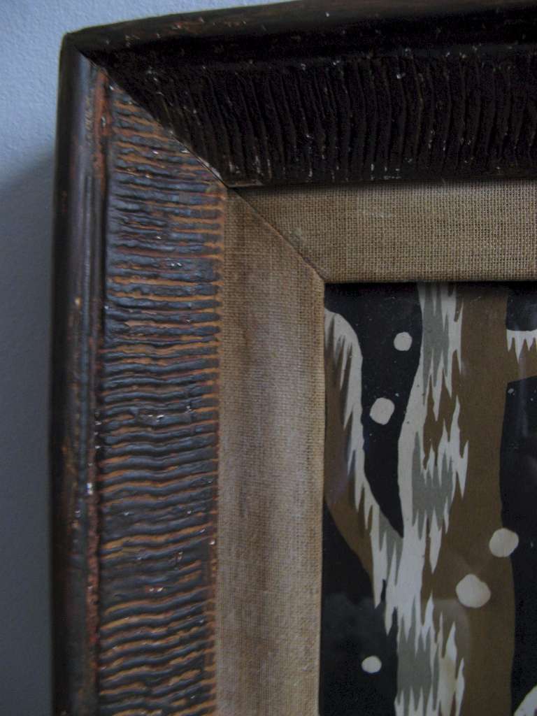 Striking print of a woodman in winter forest .