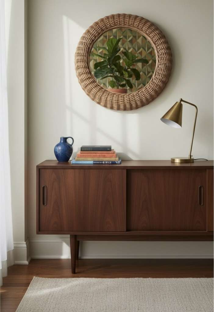 Mid-Century circular wicker mirror in the style of Albini.