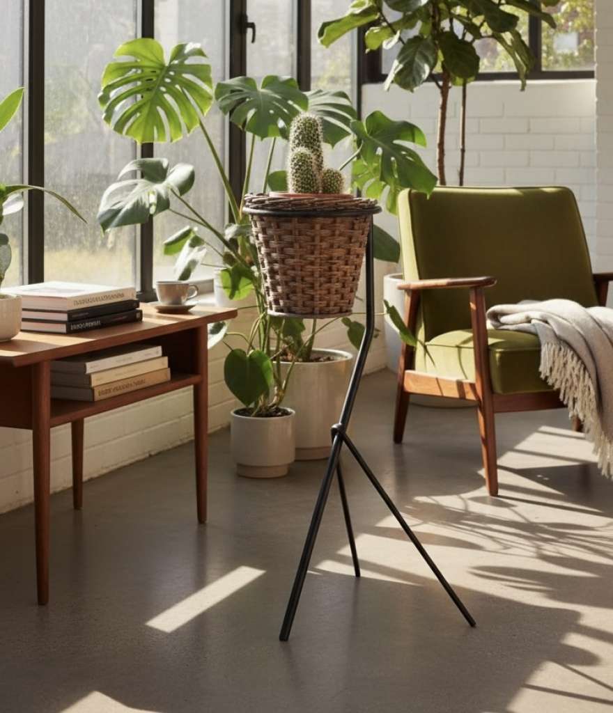 Mid-Century French wicker planter on iron stand