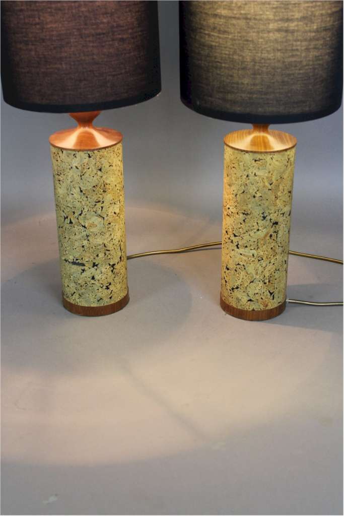 Pair of mid century teak and cork table lamps c1970's