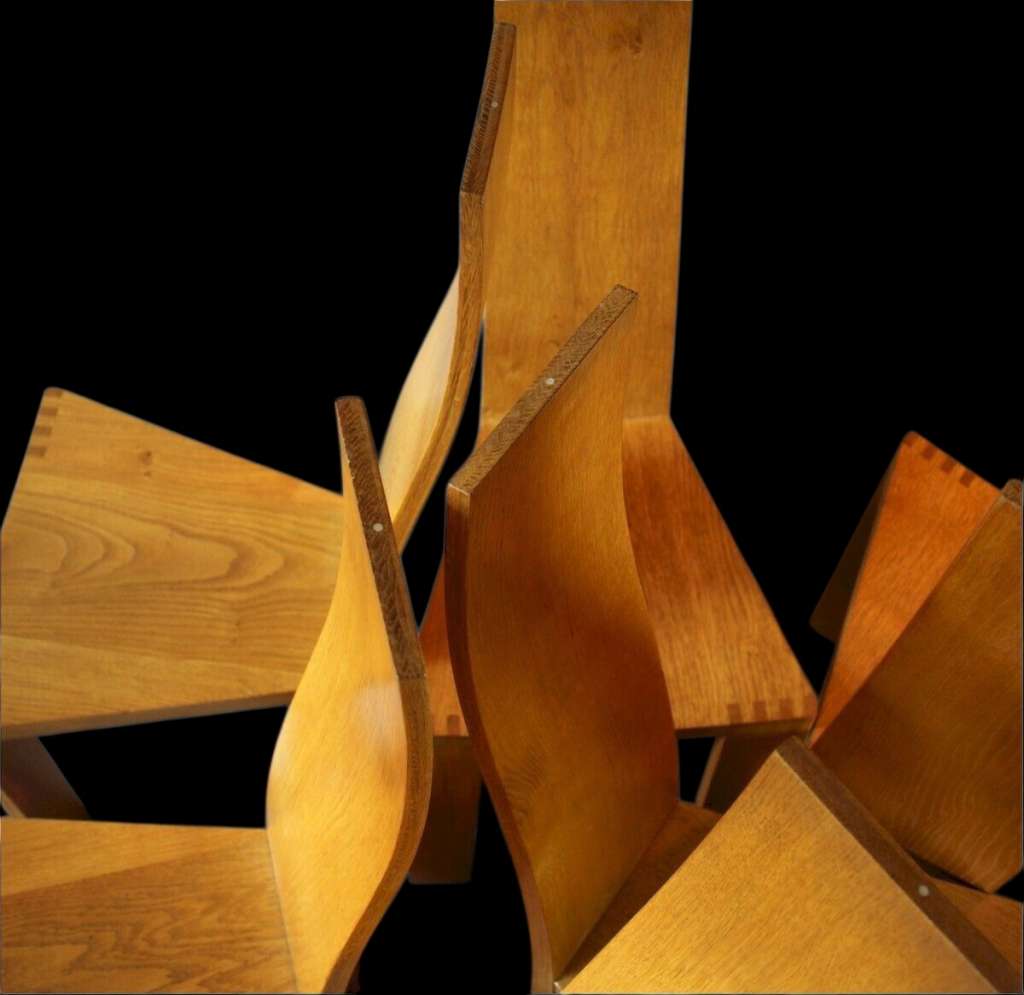 Pearl Dot set of six oak dining chairs by Robert