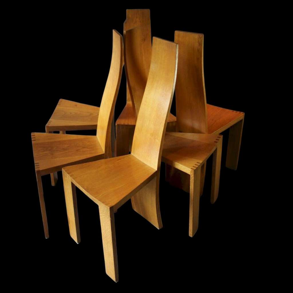 Pearl Dot set of six oak dining chairs by Robert