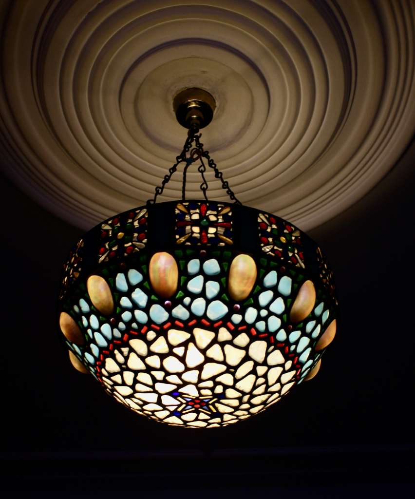 Arts and crafts abalone shell and Blue glass plafonnier ceiling shade