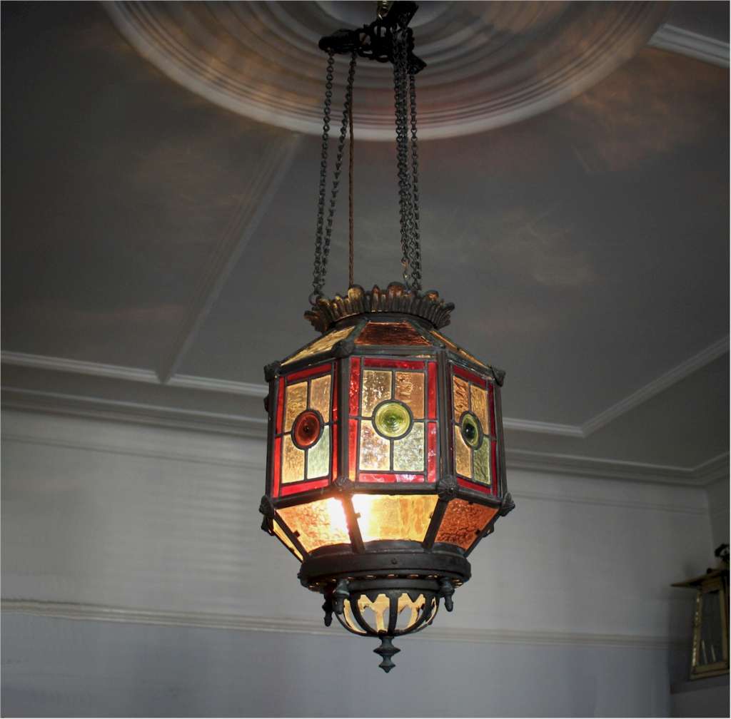 Aesthetic Movement leaded glass and brass lantern