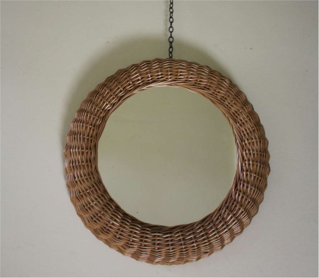 Mid-Century circular wicker mirror in the style of Albini.