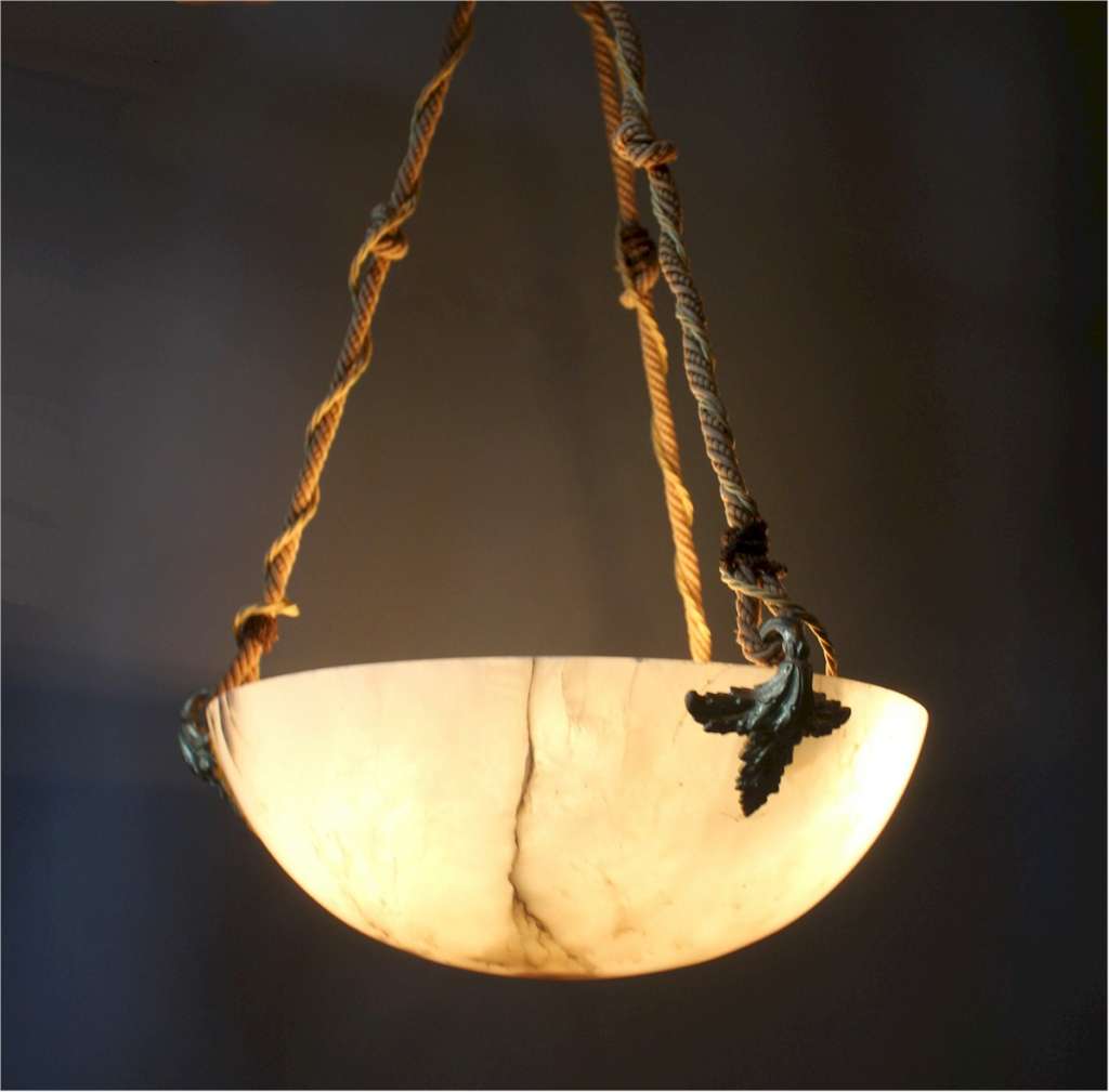 Alabaster pendant shade with rope supports