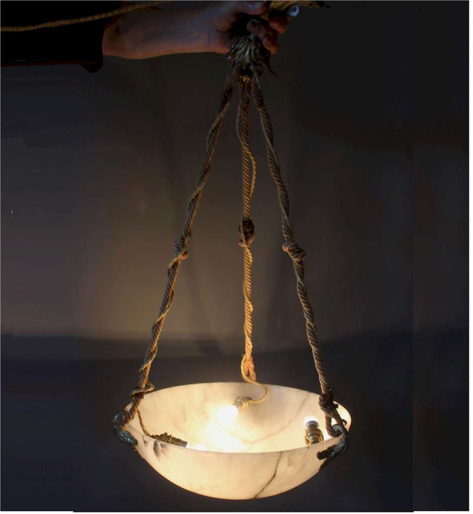 Alabaster pendant shade with rope supports