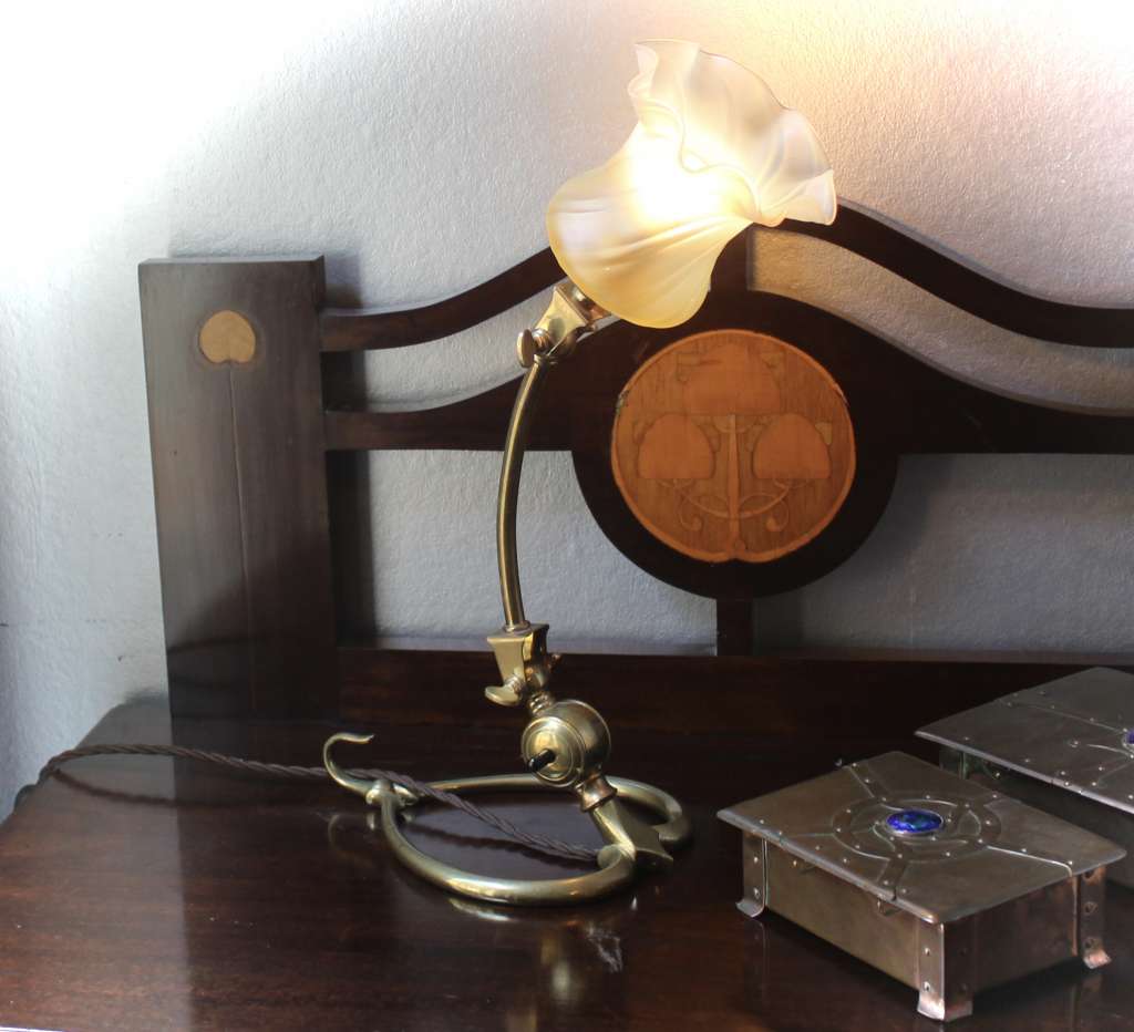 W.A.S Benson arts crafts brass table lamp & shade