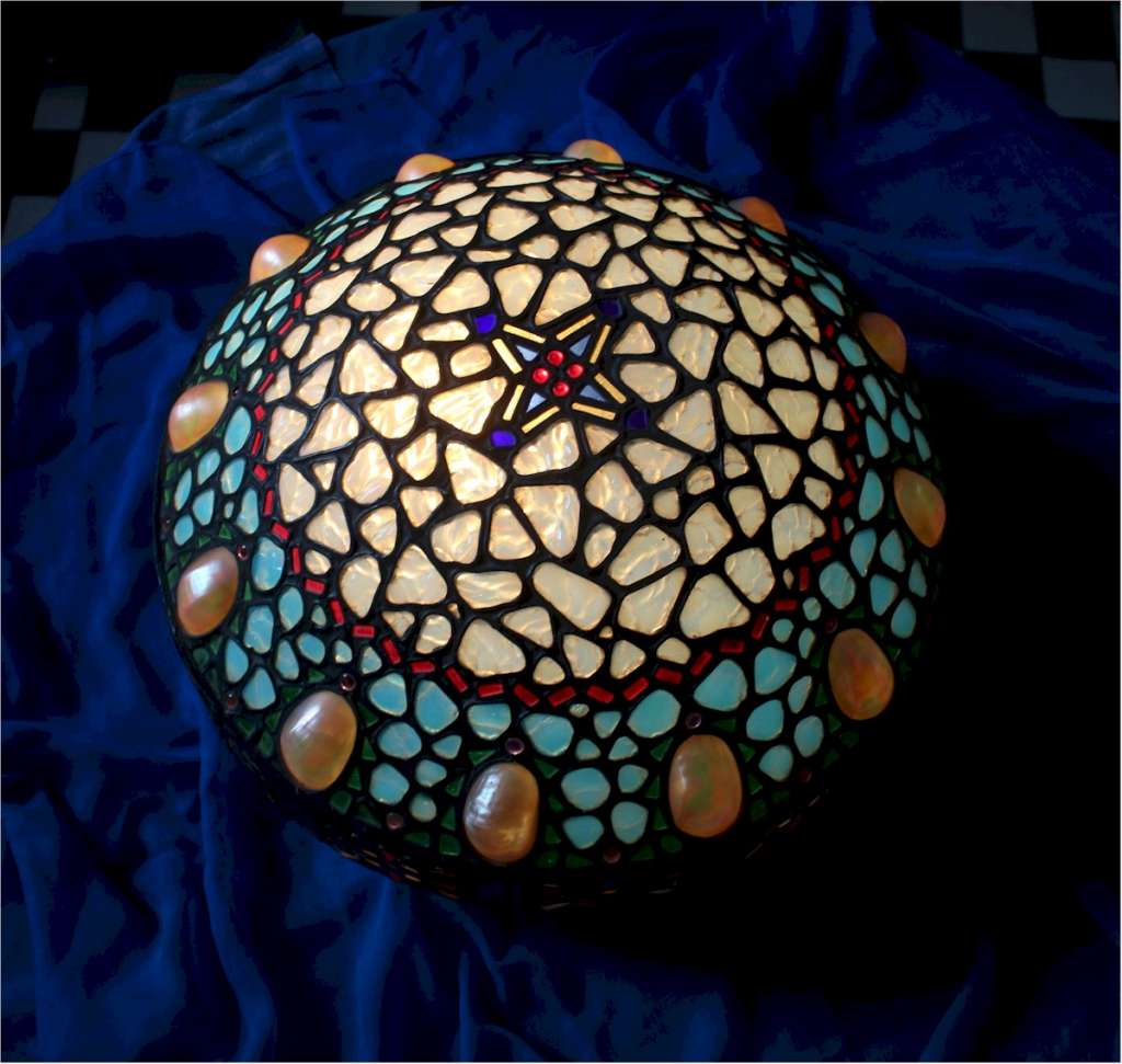 Arts and crafts abalone shell and blue glass plafonnier ceiling shade
