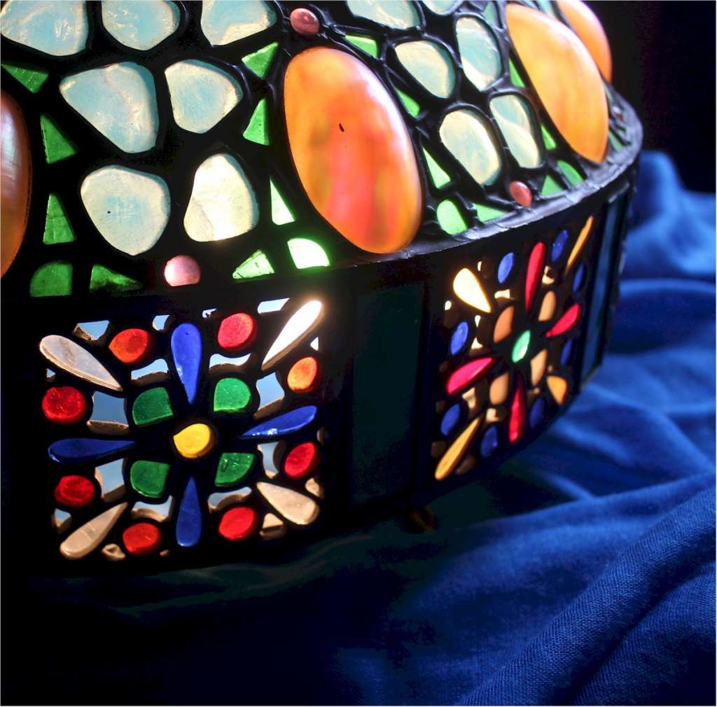 Arts and crafts abalone shell and blue glass plafonnier ceiling shade