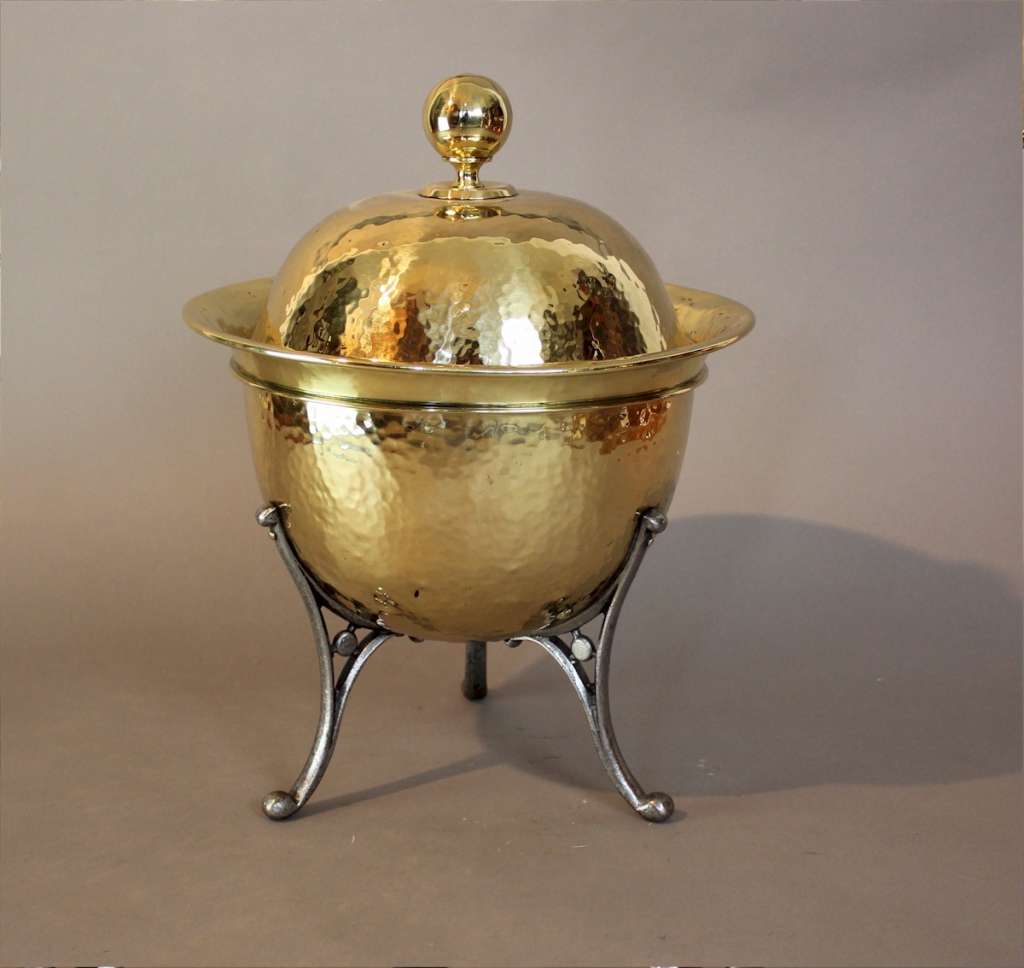 Arts and Crafts brass coal scuttle on iron legs