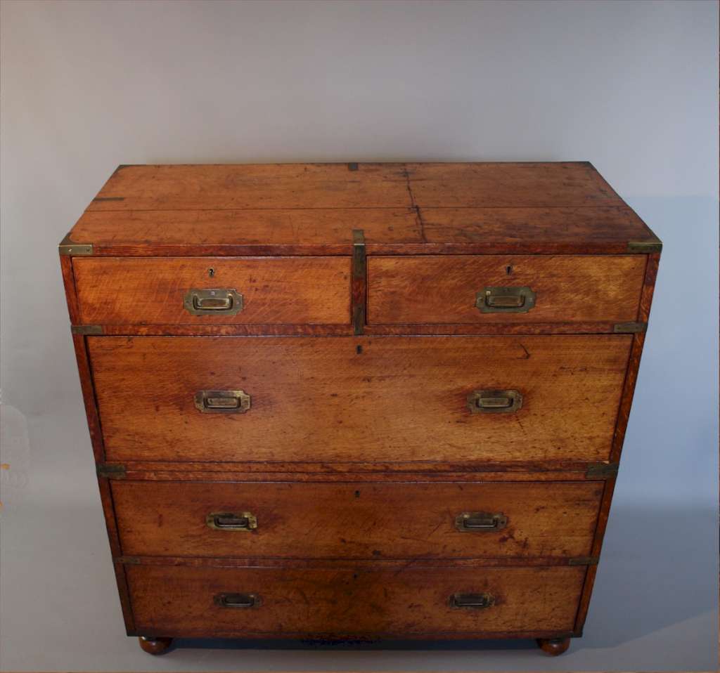 Antique campaign chest of drawers in solid oak