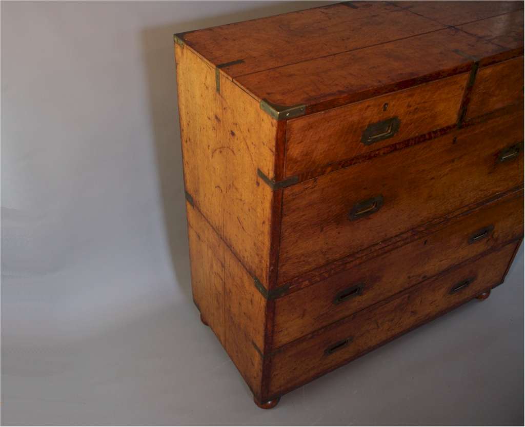 Antique campaign chest of drawers in solid oak