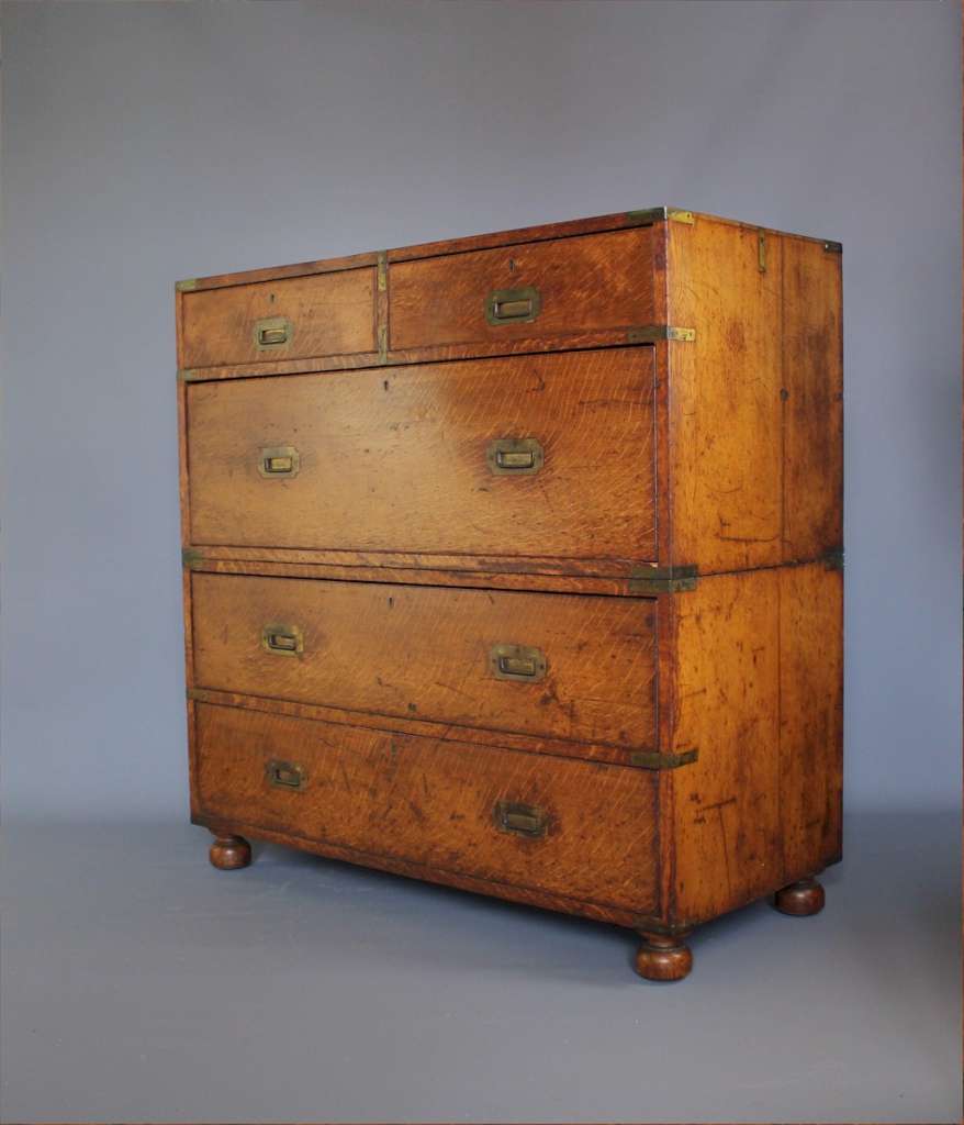 Antique campaign chest of drawers in solid oak