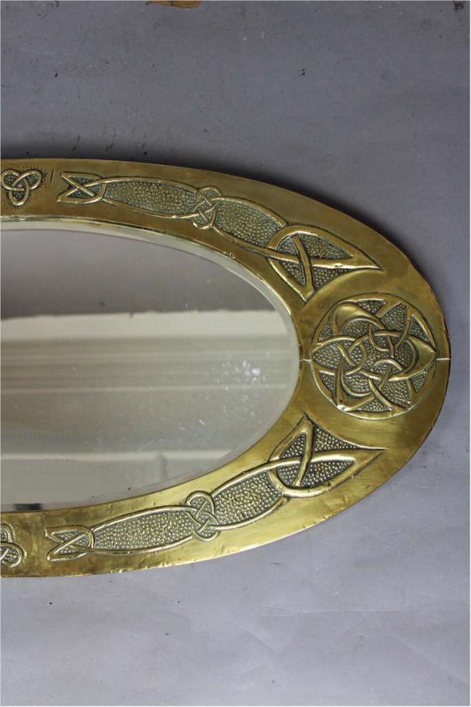 Arts and Crafts oval brass mirror with Celtic Knot design