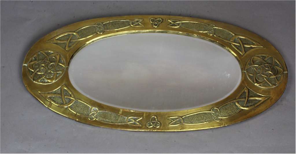 Arts and Crafts oval brass mirror with Celtic Knot design