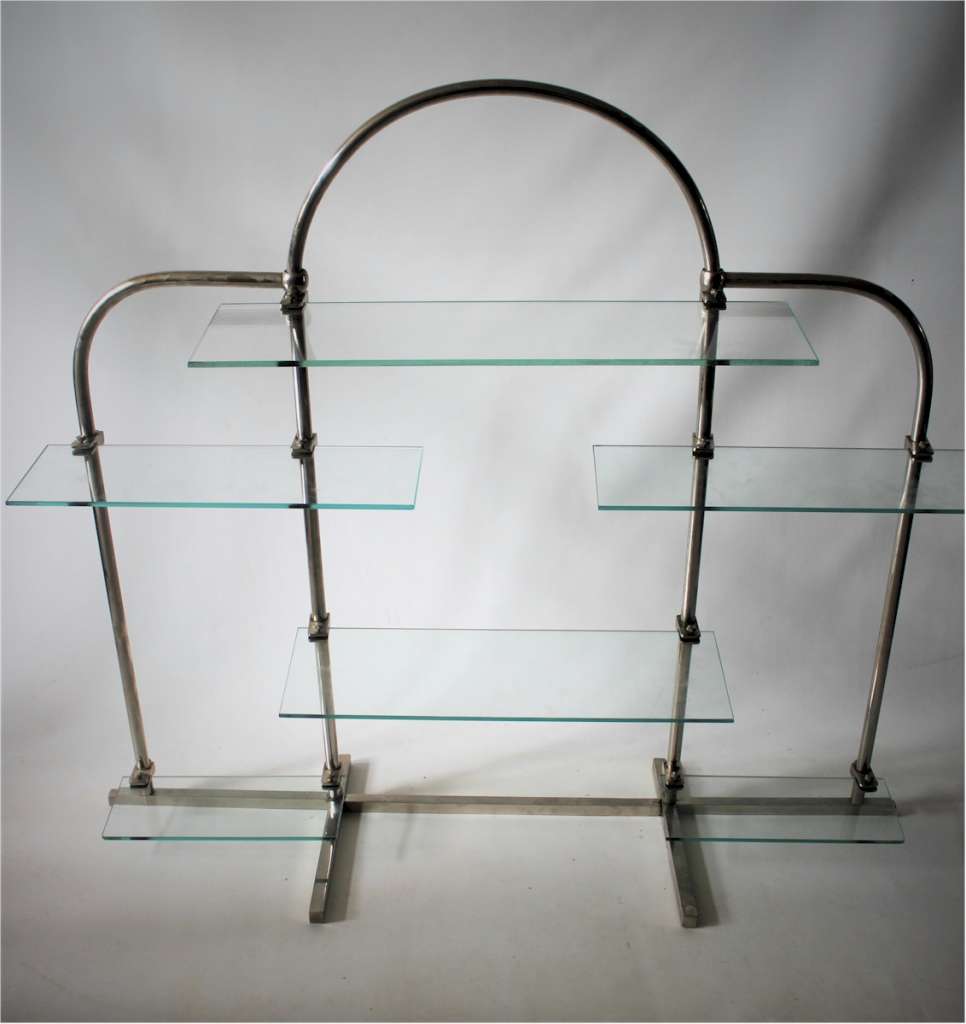 Art Deco chrome shop display stand with adjustable glass shelves