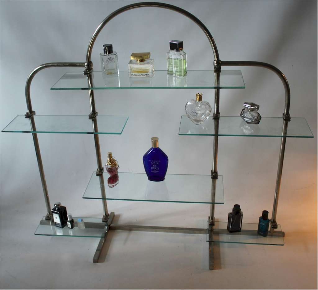 Art Deco chrome shop display stand with adjustable glass shelves