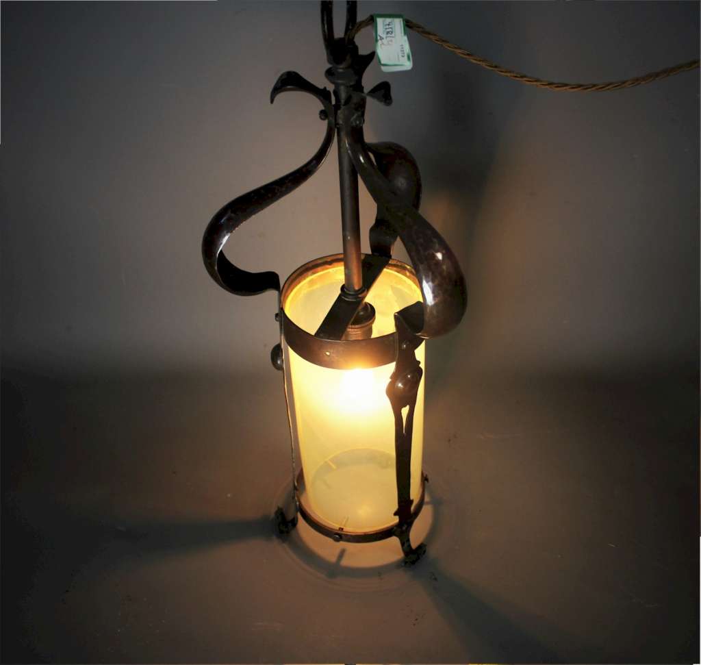 Arts and Crafts copper and opaline lantern.