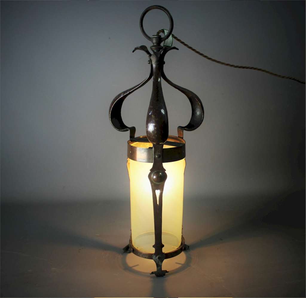 Arts and Crafts copper and opaline lantern.