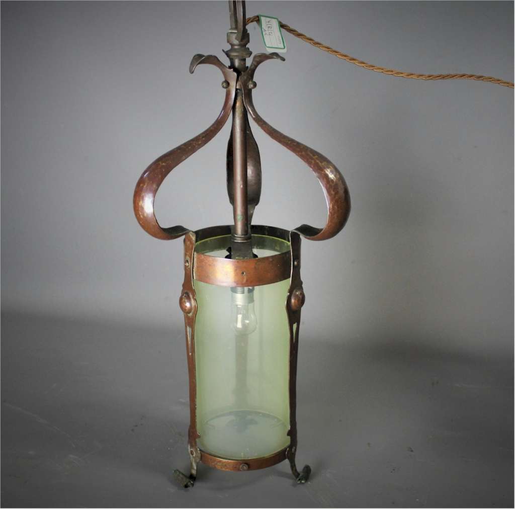 Arts and Crafts copper and opaline lantern.