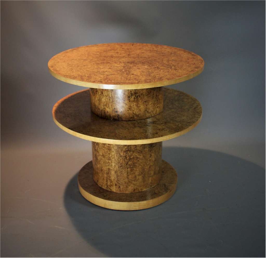 Art Deco birds eye maple drum table.