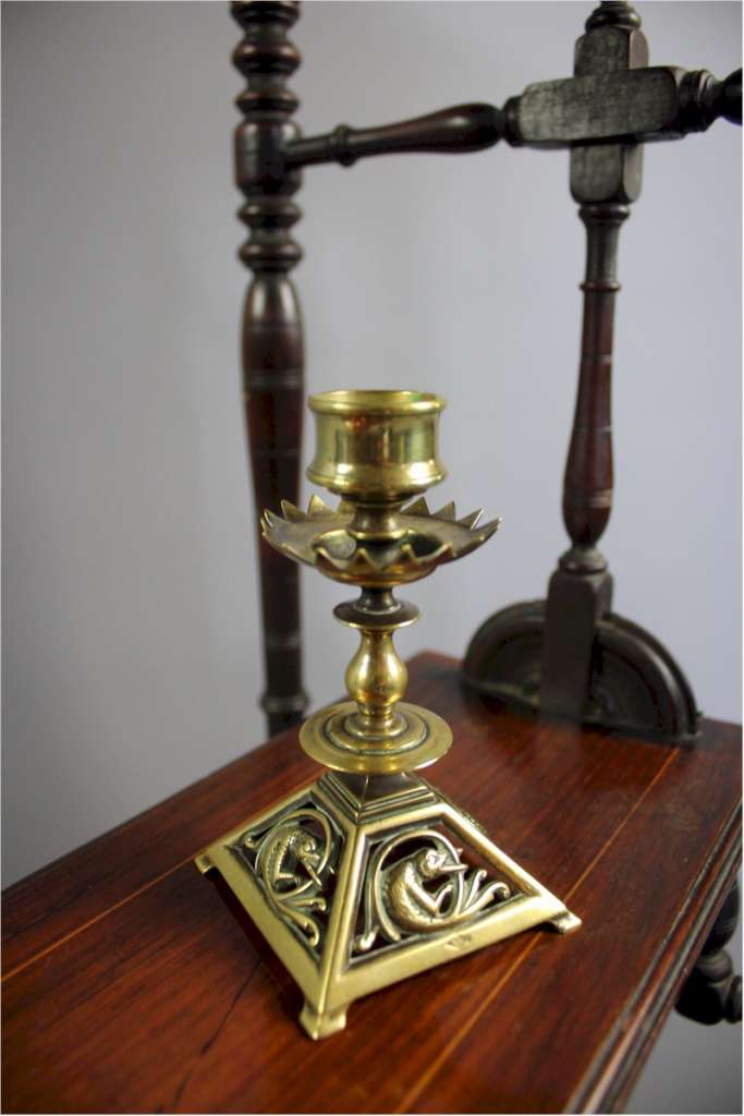 Pretty Gothic brass candlestick with serpent c1880's.