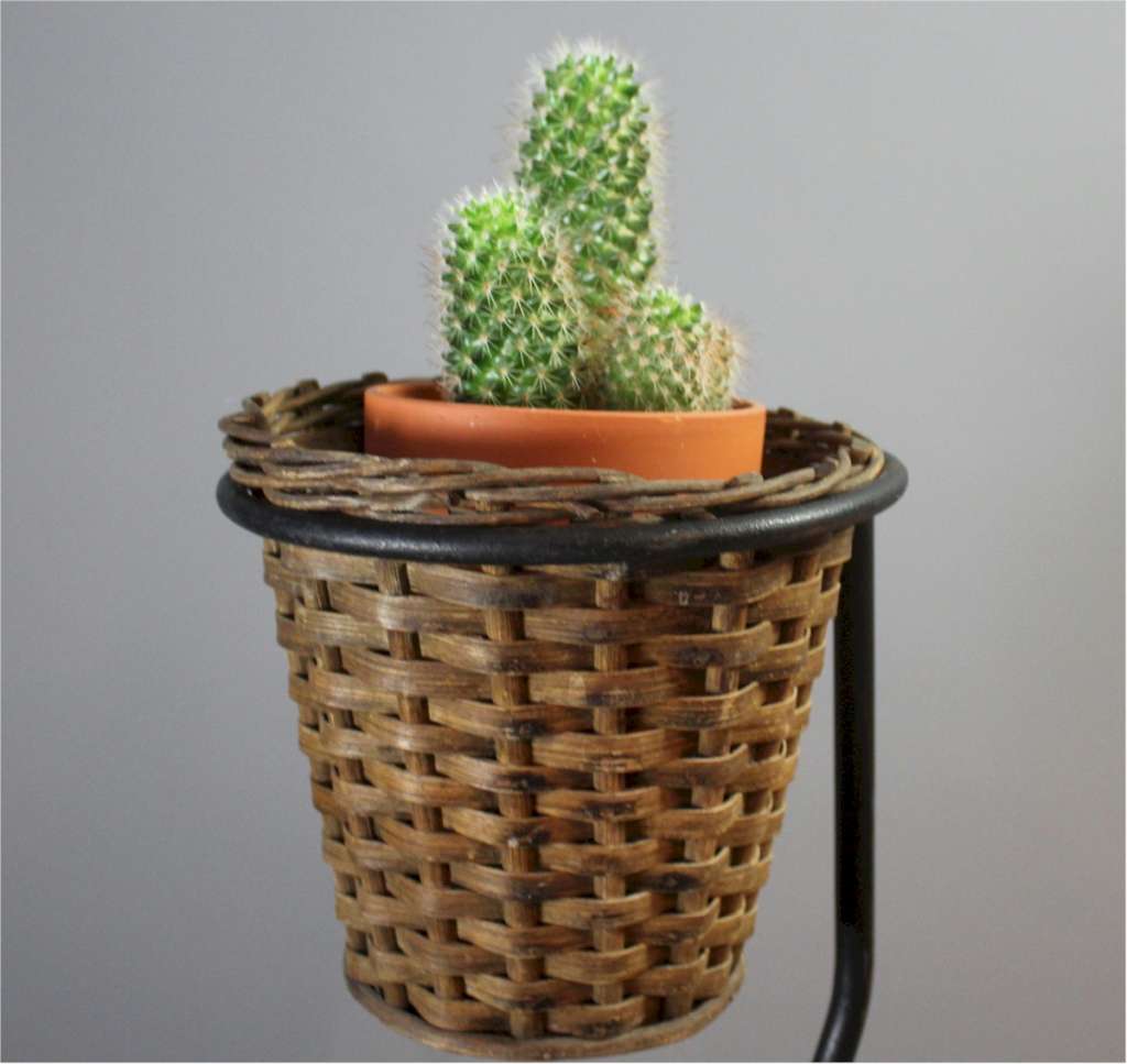 Mid-Century French wicker planter on iron stand