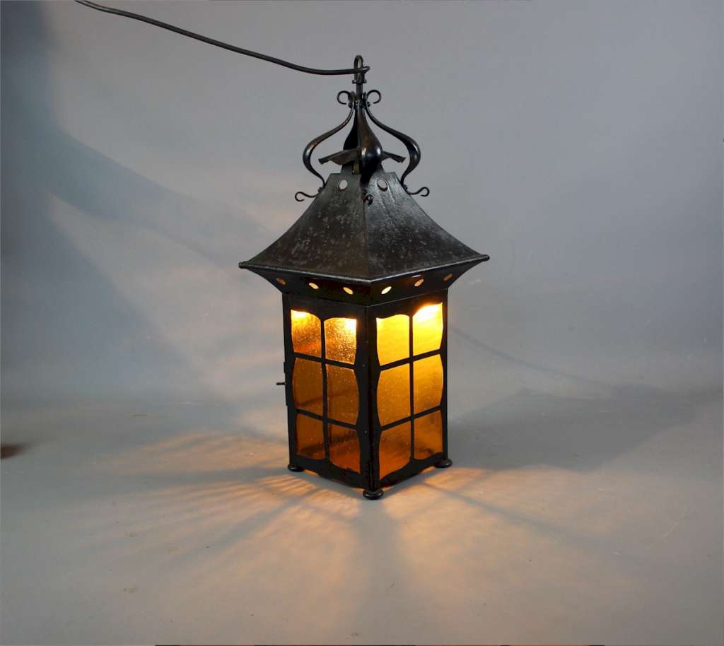 Large Arts and Crafts iron porch lantern.