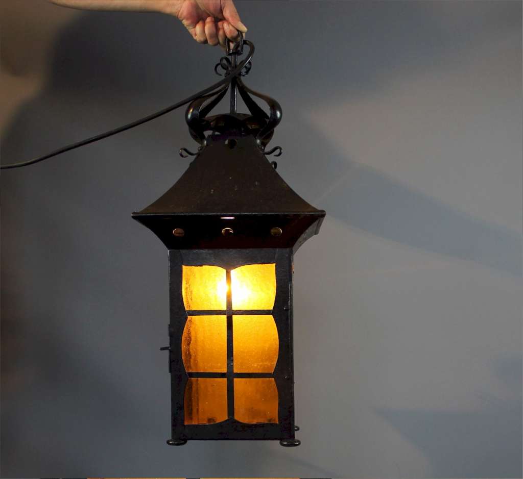 Large Arts and Crafts iron porch lantern.
