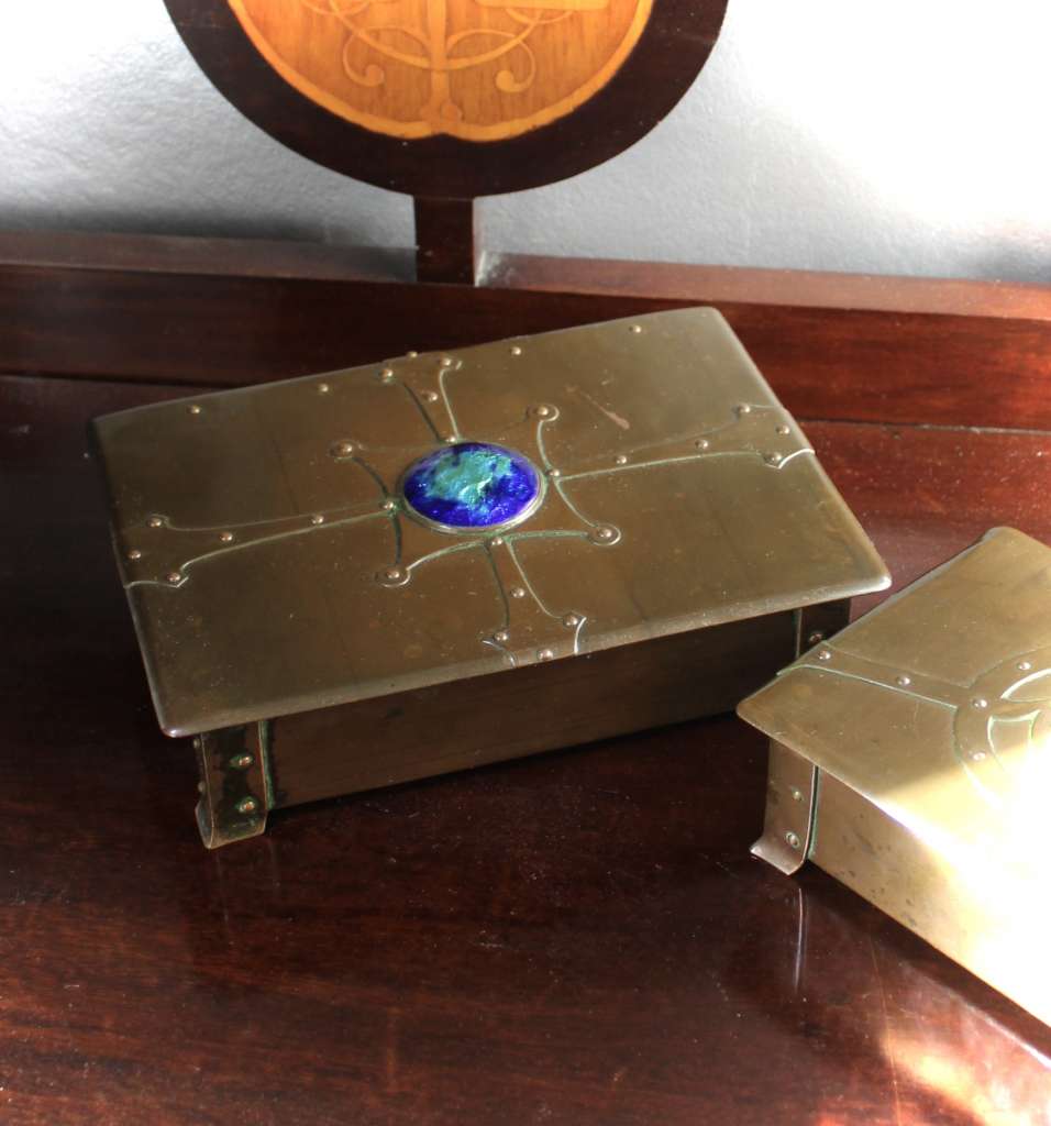 Arts and Crafts copper enamel roundel box