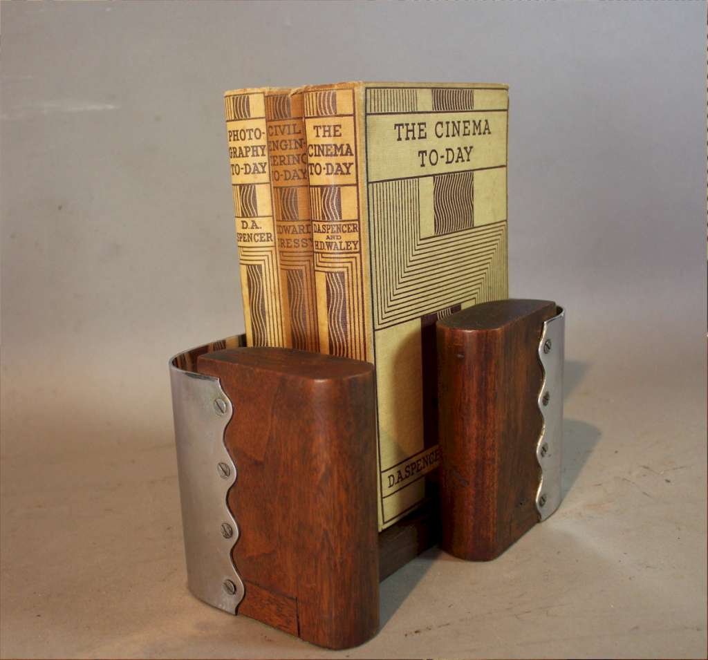 Modernist art deco pair of chrome and wood bookends c1930 MidCentury