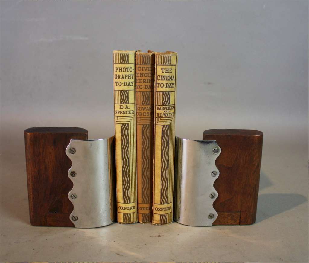 Modernist art deco pair of chrome and wood bookends c1930 MidCentury