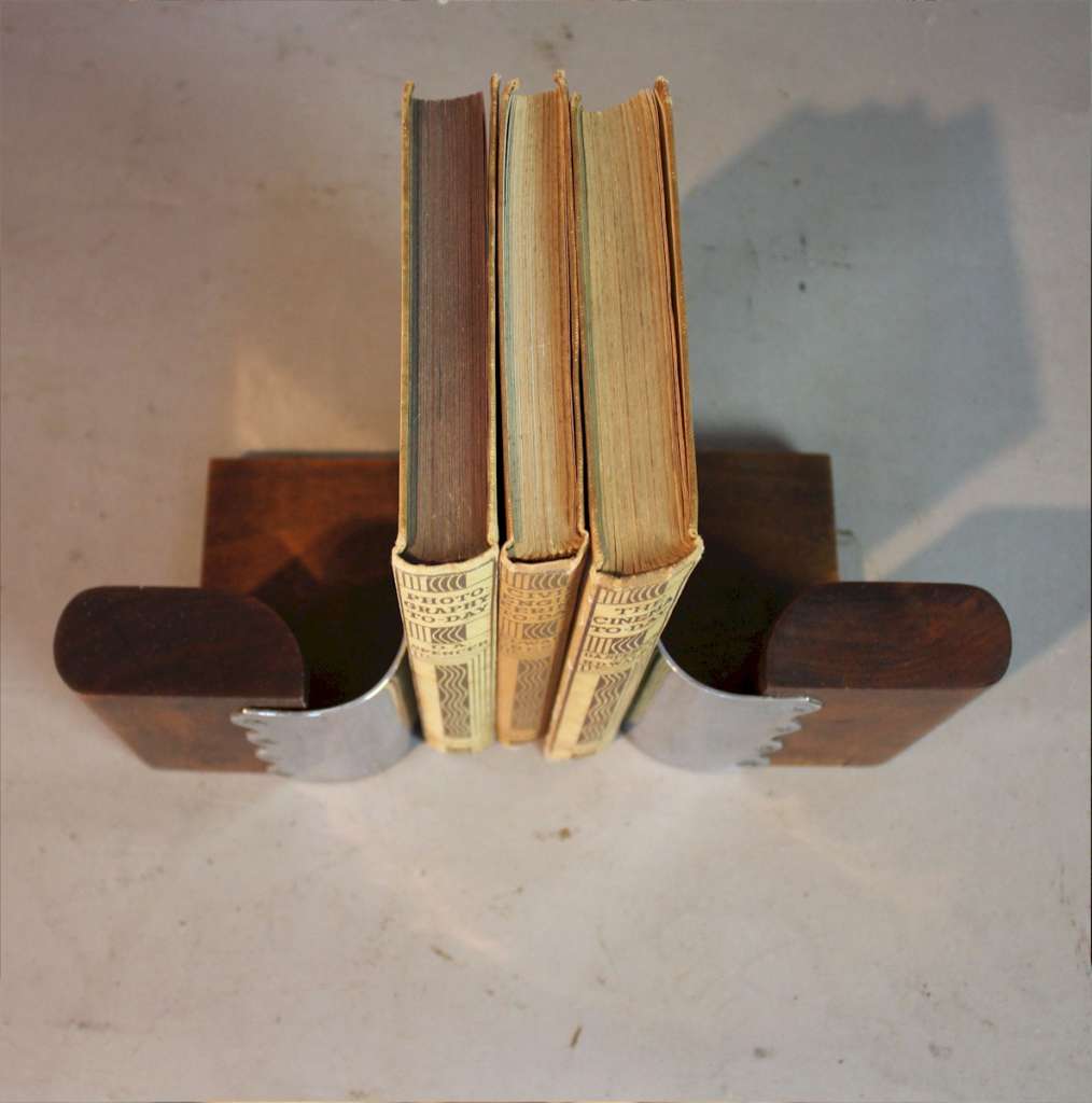 Modernist art deco pair of chrome and wood bookends c1930 MidCentury