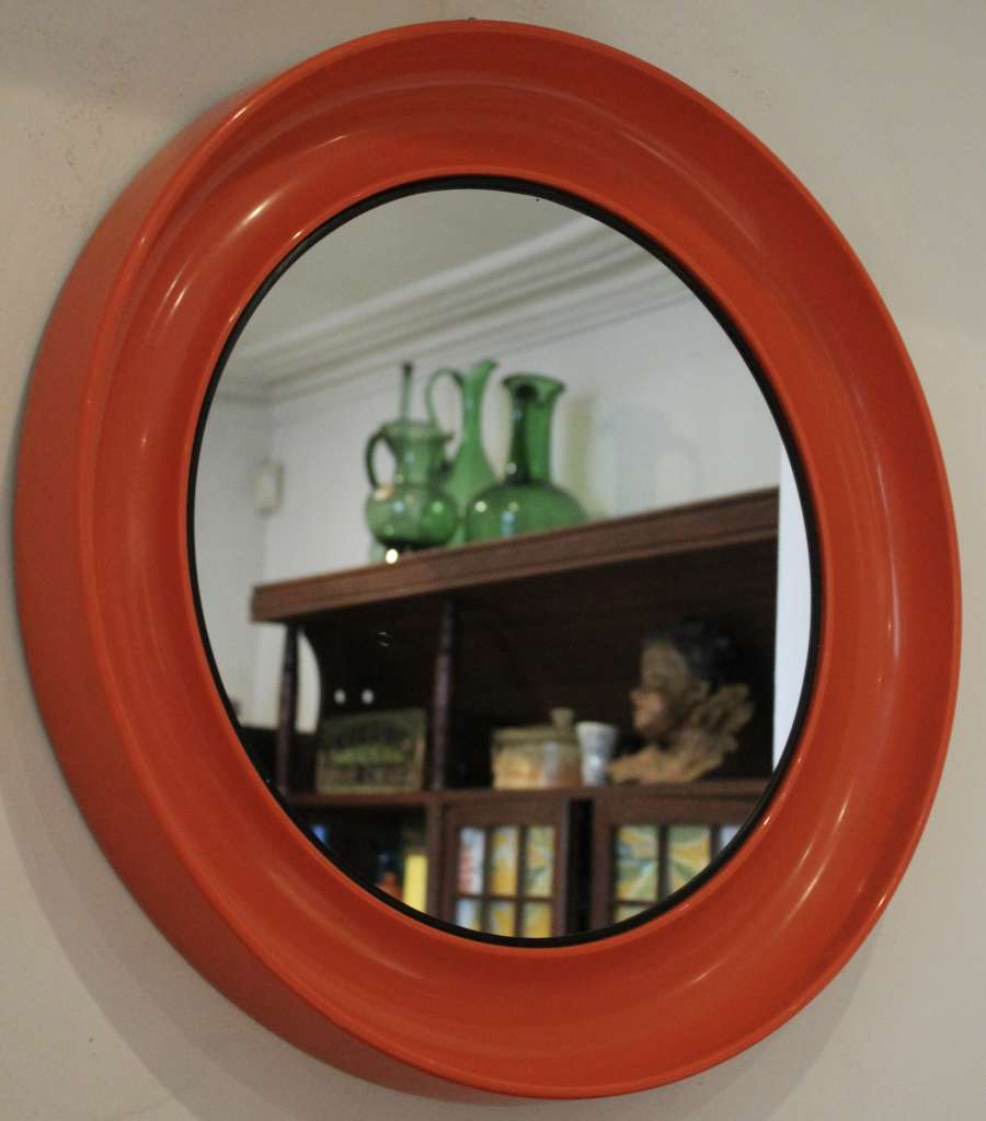 Vintage 1970's Orange round plastic mirror