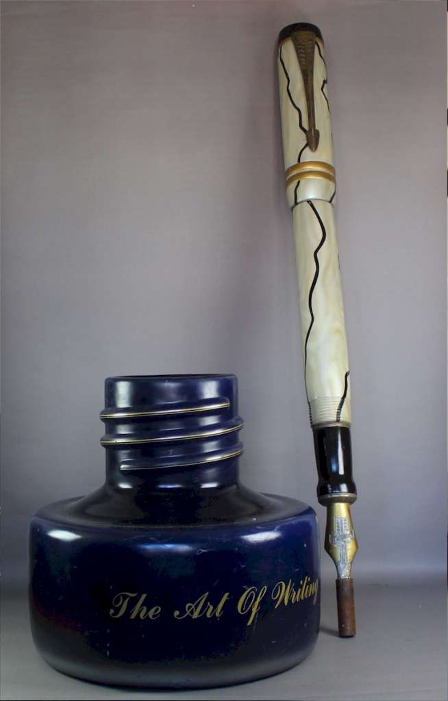 Oversized advertising Parker Duofold fountain pen and inkwell