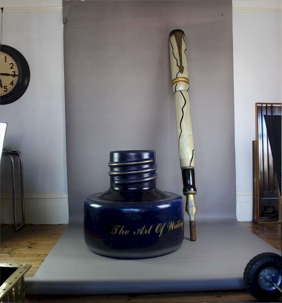 Oversized advertising Parker Duofold fountain pen and inkwell