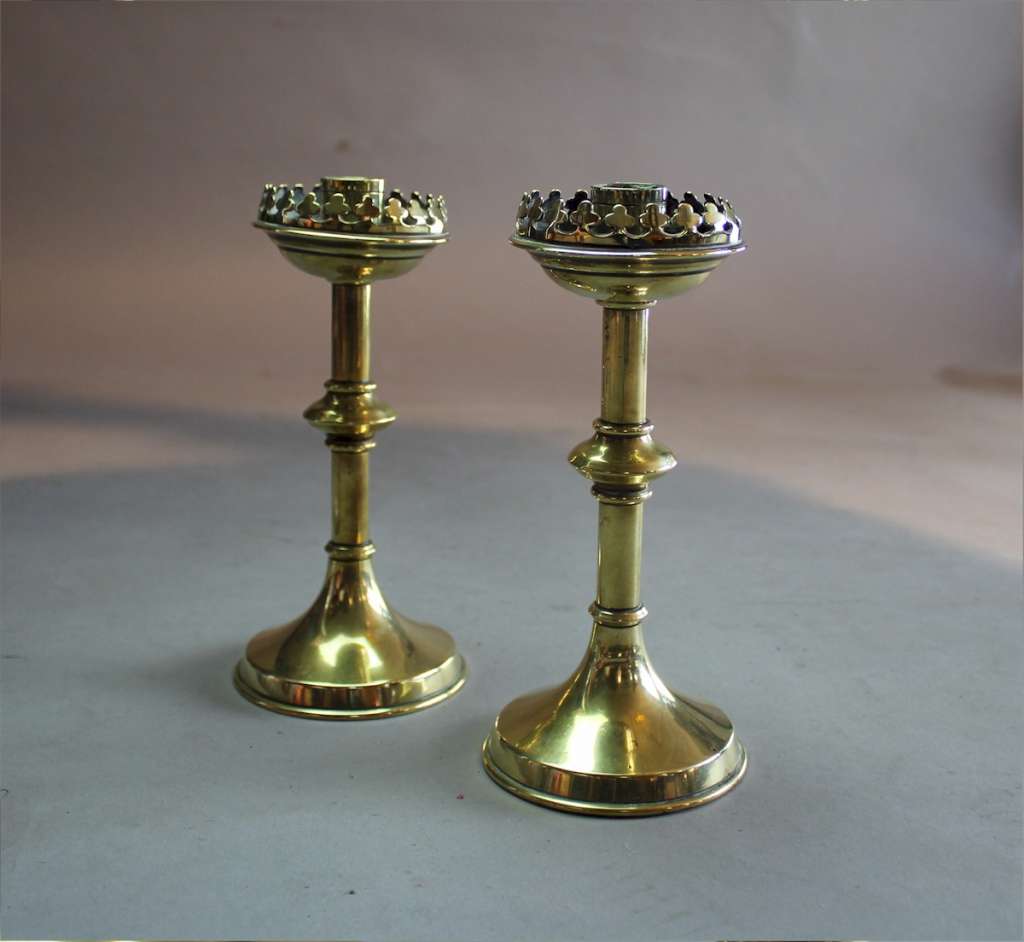 Pair of Victorian Gothic brass candlesticks c1890's